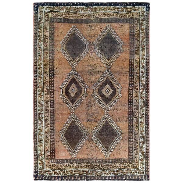 Shahbanu Rugs Peach Color Persian Shiraz with Brown Medallions Handknotted Pure Wool Old Worn